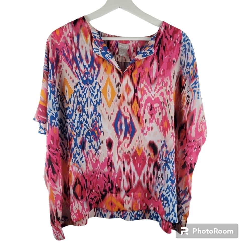Chico's Blouse Womens 1‎ Medium Size 8 Colorful Ikat Semi sheer Top Pink Boxy